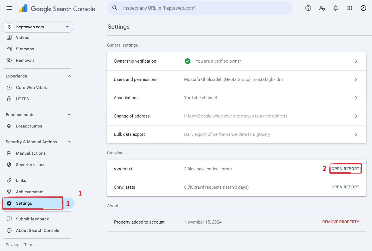 صفحه تنظیمات Google Search Console و انتخاب Open Reports مربوط به robots.txt
