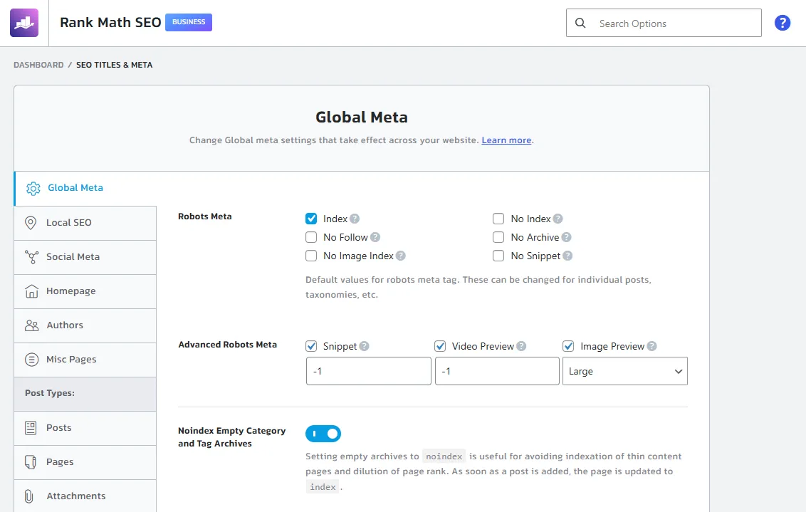 تنظیمات Global Meta در افزونه RankMath